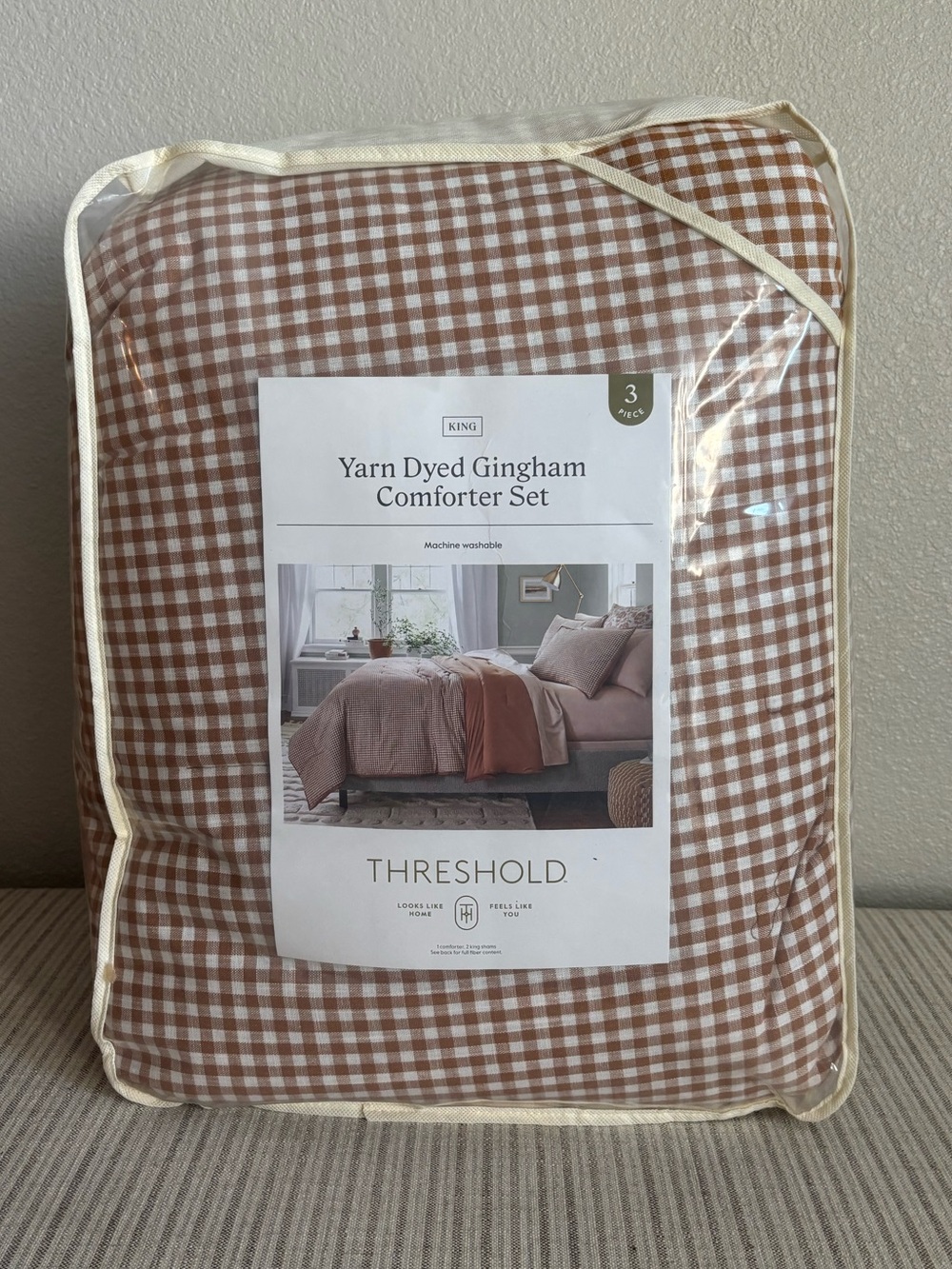 NWT 3pc King Mini Gingham Comforter and Sham Set Camel - Threshold